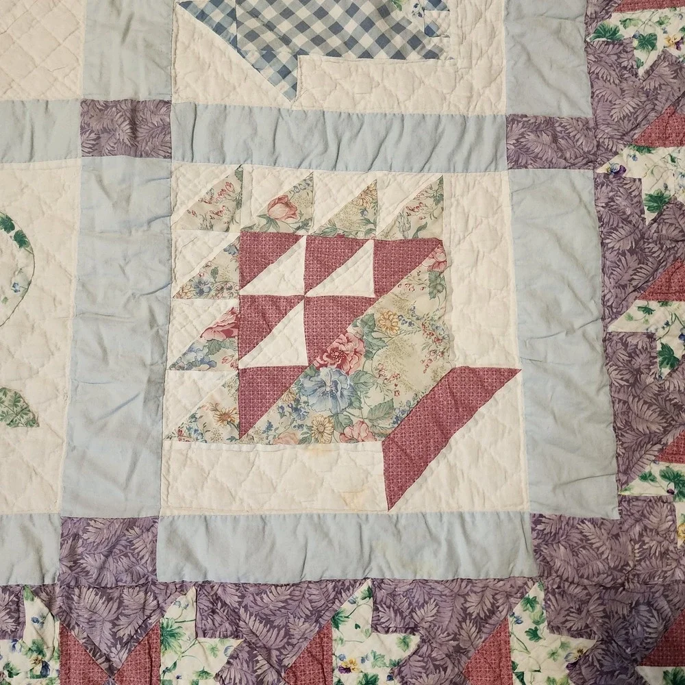 Vintage‎ Quilted Patchwork Baskets, Flowers, Purple, Blue 56x46. See Photos!!